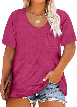 Womens Plus Size Tunic T Shirts Short Sleeve Round Neck Soft Loose Shirts Summer Casual Tops with Pocket