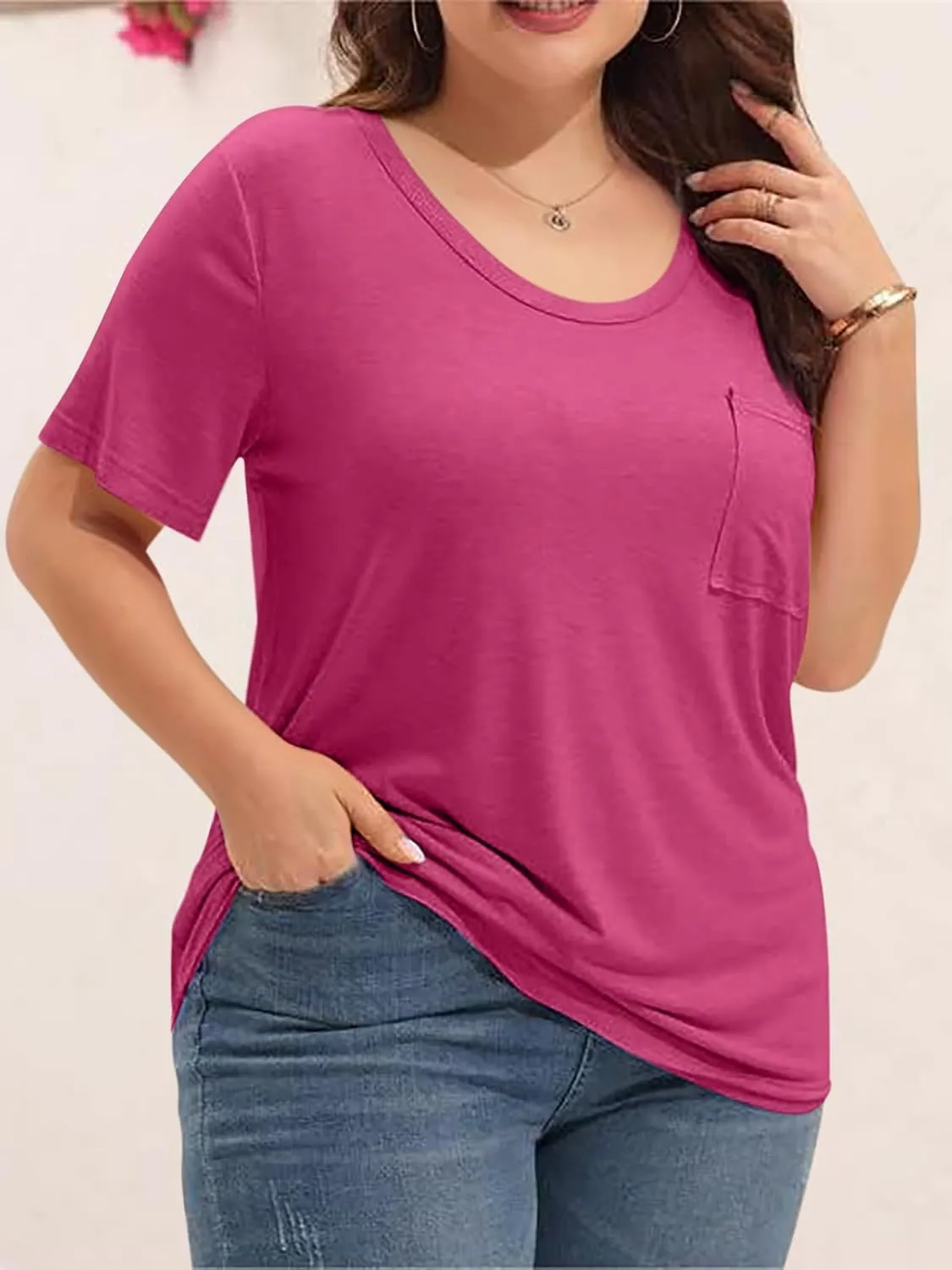 Womens Plus Size Tunic T Shirts Short Sleeve Round Neck Soft Loose Shirts Summer Casual Tops with Pocket