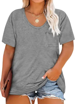 Womens Plus Size Tunic T Shirts Short Sleeve Round Neck Soft Loose Shirts Summer Casual Tops with Pocket