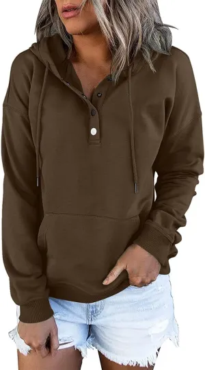 Womens Pure Color Oversized Hoodies Button V Neck Athletic Hooded Sweatshirts Fall Winter Pullover with Pocket