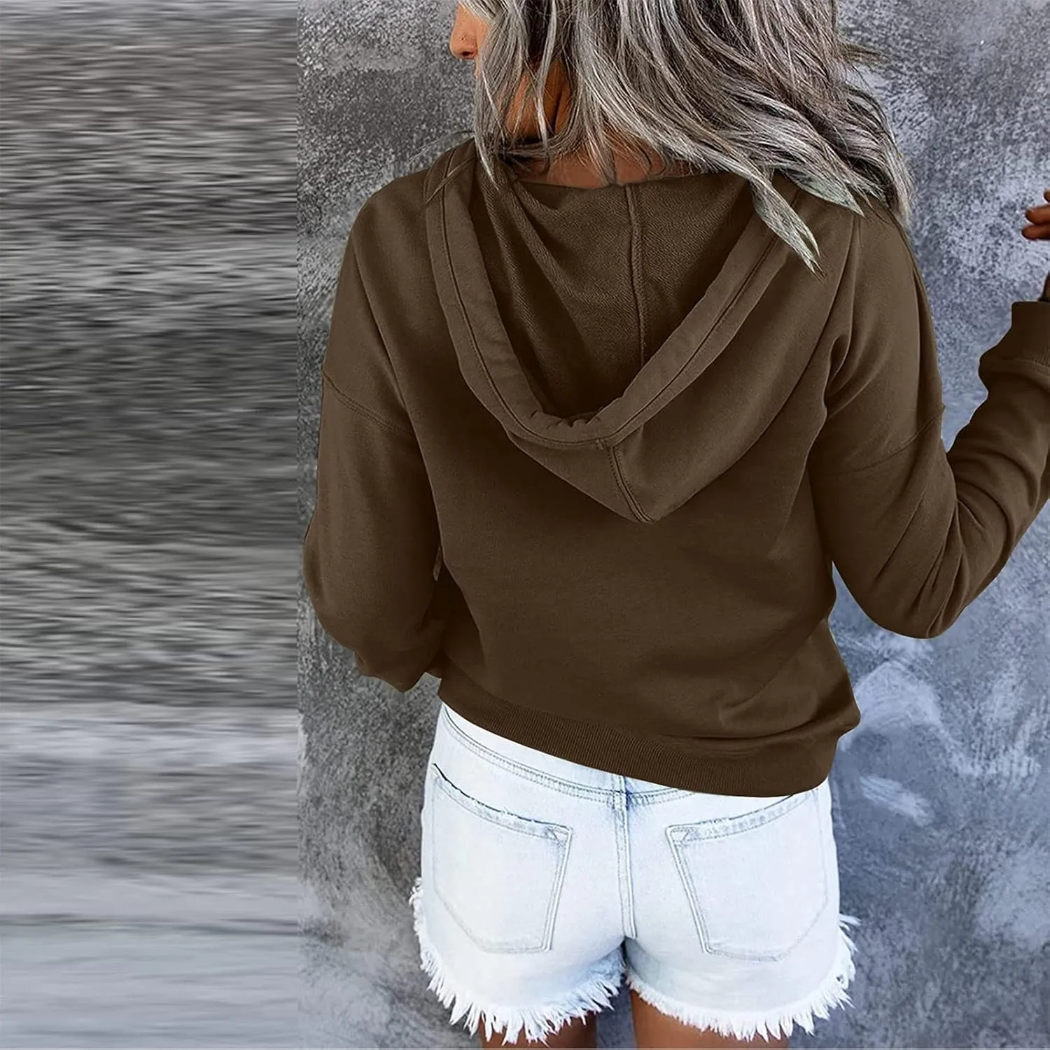 Womens Pure Color Oversized Hoodies Button V Neck Athletic Hooded Sweatshirts Fall Winter Pullover with Pocket