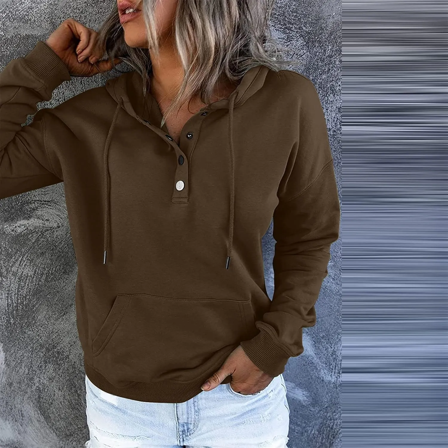Womens Pure Color Oversized Hoodies Button V Neck Athletic Hooded Sweatshirts Fall Winter Pullover with Pocket