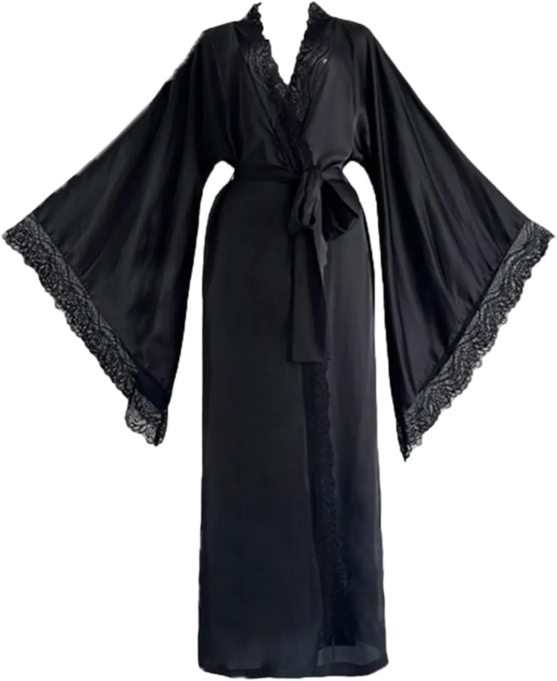 Women's Satin Silk Pajama Lace Patchwork Bath Robe Long Bathrobe Silky Lightweight Nightgown Comfy Belted Nightwear