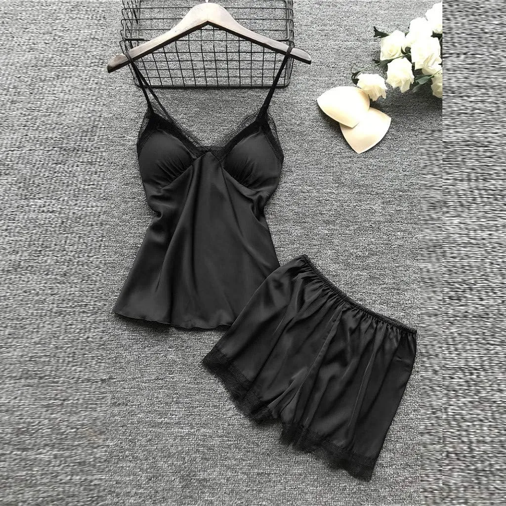 Womens Silk Sleepwear 4 Piece Set Lace-Trim Pajamas Belted Robe Camisole Dress Sleepshirts Shorts Set Sexy Nightgowns