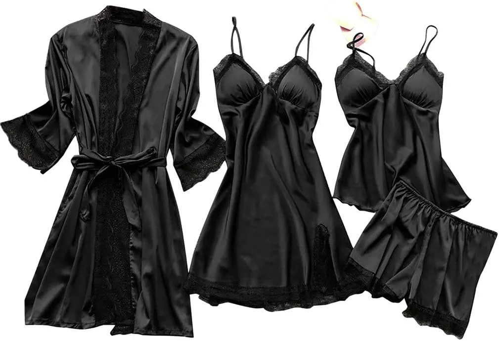 Womens Silk Sleepwear 4 Piece Set Lace-Trim Pajamas Belted Robe Camisole Dress Sleepshirts Shorts Set Sexy Nightgowns