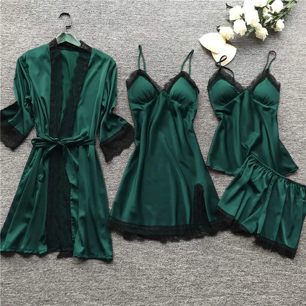 Womens Silk Sleepwear 4 Piece Set Lace-Trim Pajamas Belted Robe Camisole Dress Sleepshirts Shorts Set Sexy Nightgowns
