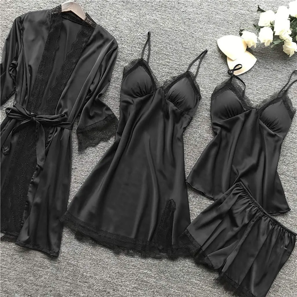 Womens Silk Sleepwear 4 Piece Set Lace-Trim Pajamas Belted Robe Camisole Dress Sleepshirts Shorts Set Sexy Nightgowns