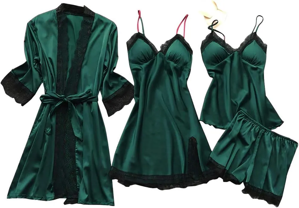 Womens Silk Sleepwear 4 Piece Set Lace-Trim Pajamas Belted Robe Camisole Dress Sleepshirts Shorts Set Sexy Nightgowns