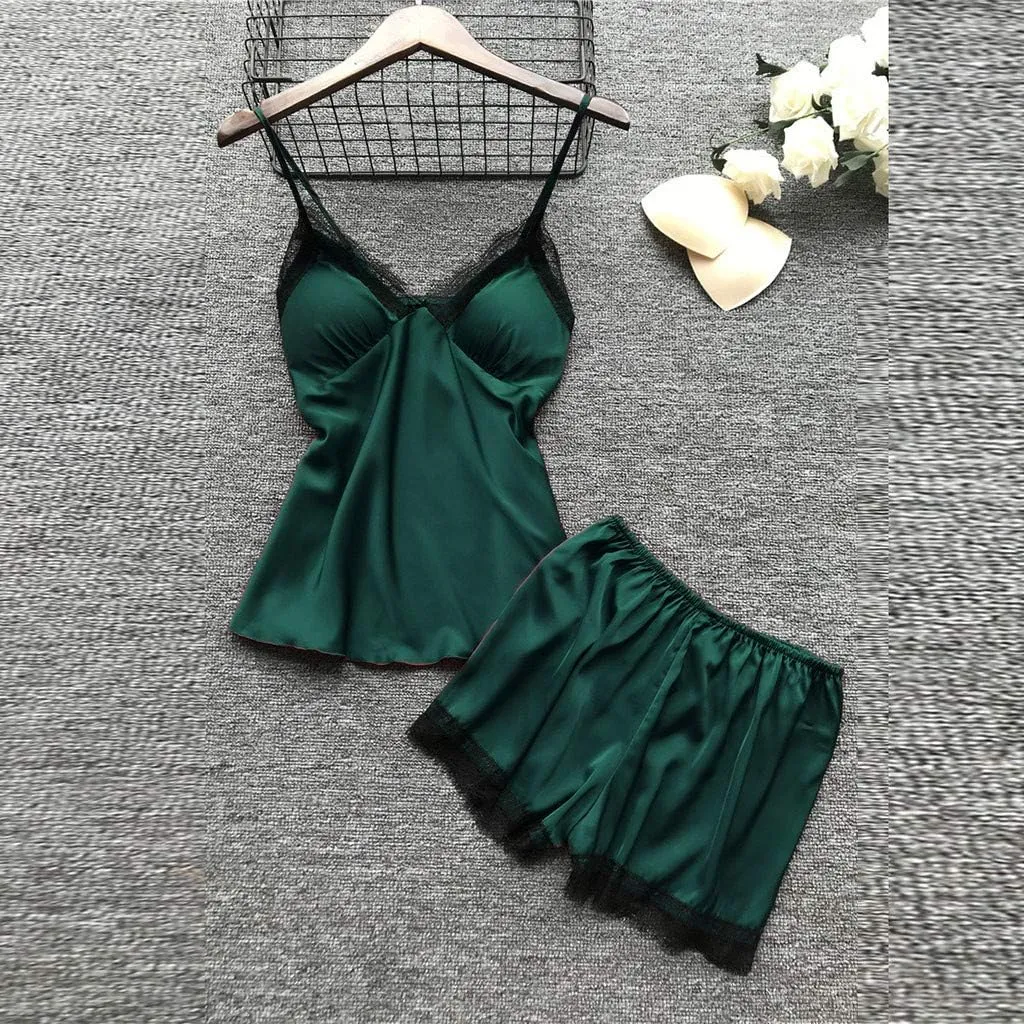 Womens Silk Sleepwear 4 Piece Set Lace-Trim Pajamas Belted Robe Camisole Dress Sleepshirts Shorts Set Sexy Nightgowns