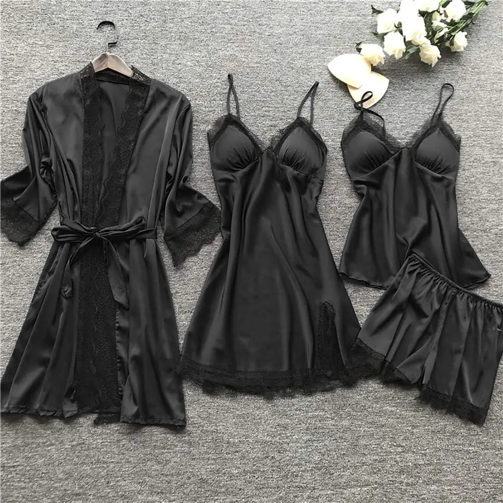 Womens Silk Sleepwear 4 Piece Set Lace-Trim Pajamas Belted Robe Camisole Dress Sleepshirts Shorts Set Sexy Nightgowns