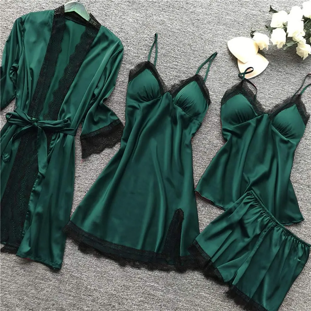 Womens Silk Sleepwear 4 Piece Set Lace-Trim Pajamas Belted Robe Camisole Dress Sleepshirts Shorts Set Sexy Nightgowns