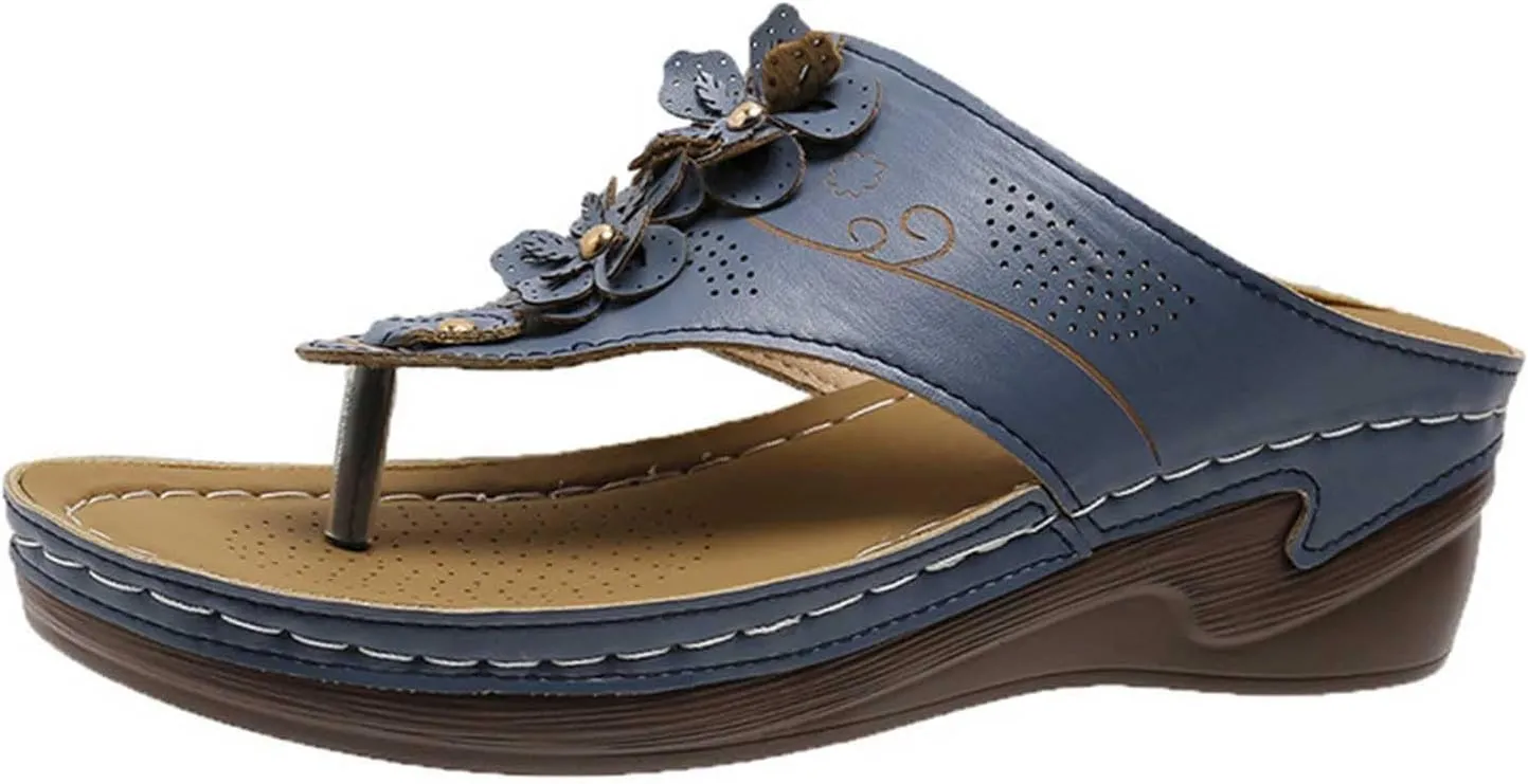 Women's Solid Leather Thong Sandal Floral Embellished Arch Support Slipper Clip Toe Platform Sandals Summer Flip Flop