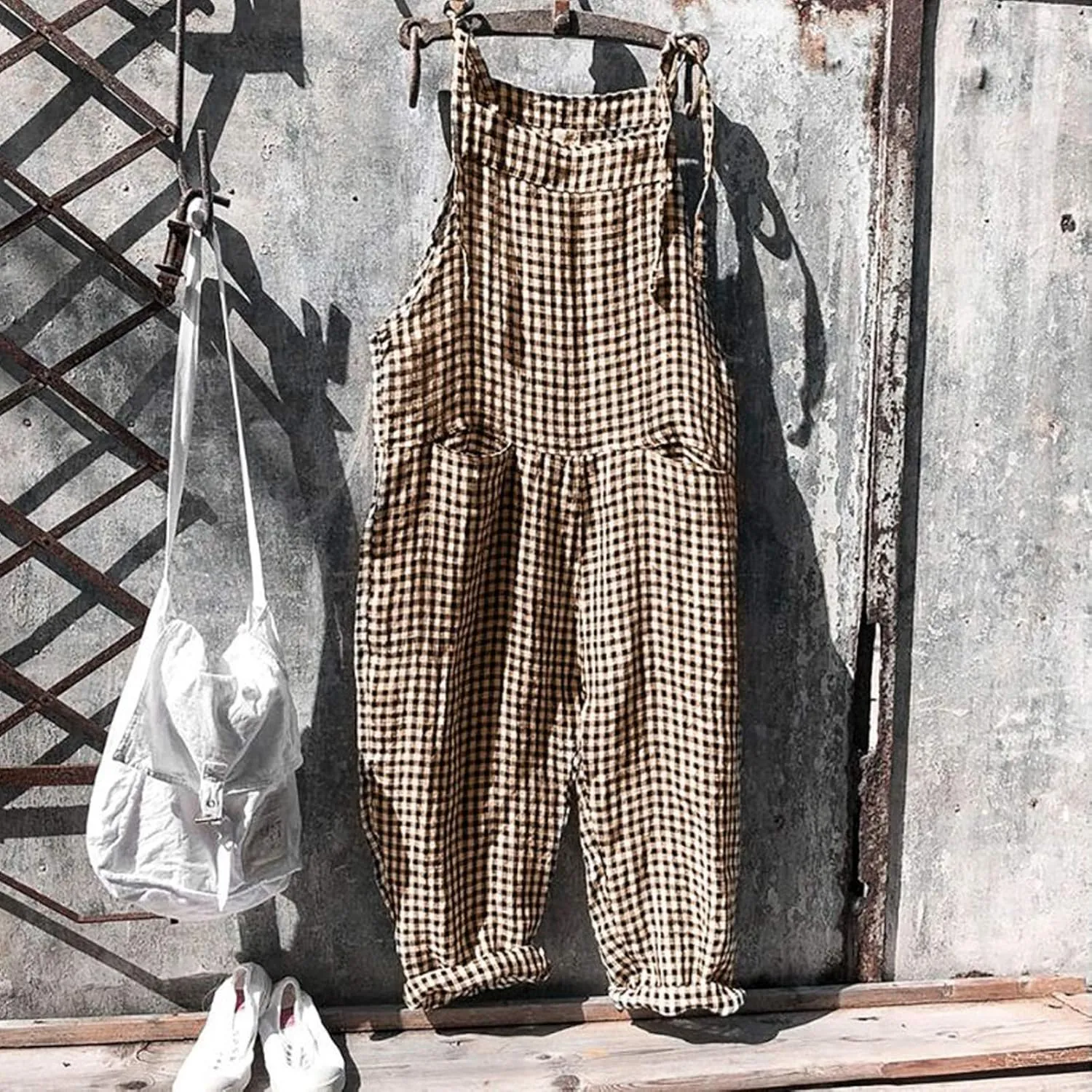 Womens Striped Plaid Jumpsuit Summer Overalls Big Pockets Plus Size Baggy Casual Romper 2024 Trend Outdoor Versatile Playsuit