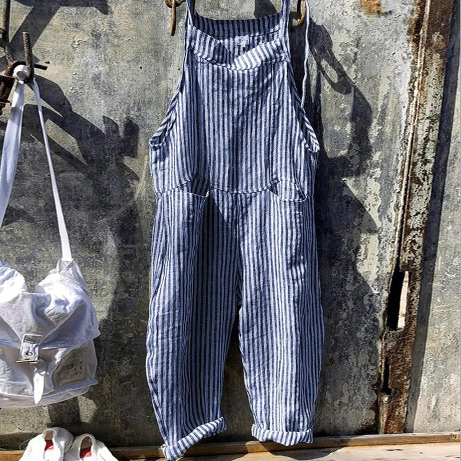 Womens Striped Plaid Jumpsuit Summer Overalls Big Pockets Plus Size Baggy Casual Romper 2024 Trend Outdoor Versatile Playsuit