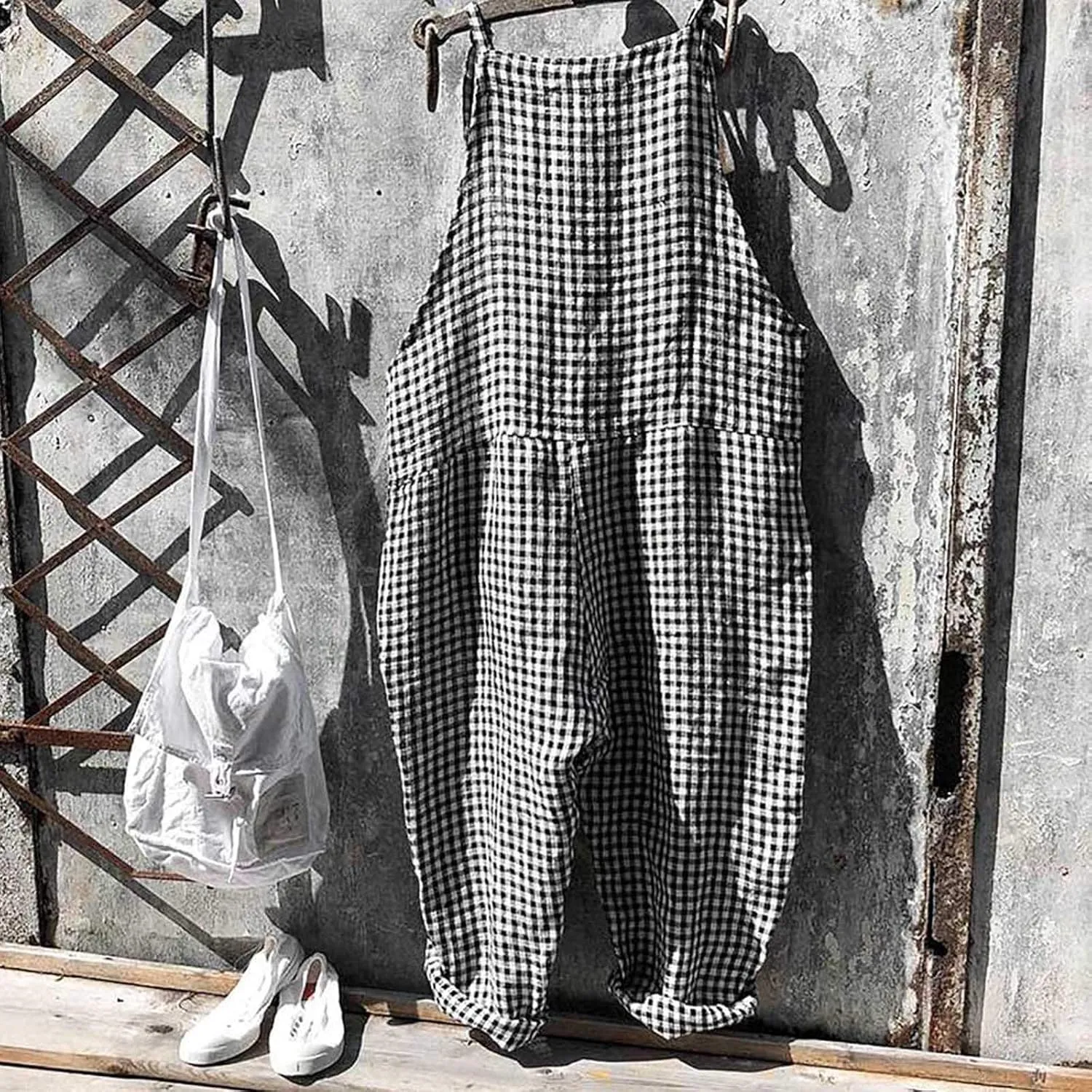 Womens Striped Plaid Jumpsuit Summer Overalls Big Pockets Plus Size Baggy Casual Romper 2024 Trend Outdoor Versatile Playsuit