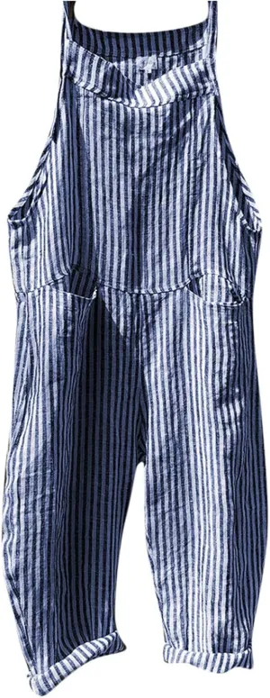 Womens Striped Plaid Jumpsuit Summer Overalls Big Pockets Plus Size Baggy Casual Romper 2024 Trend Outdoor Versatile Playsuit