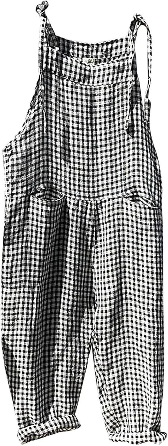 Womens Striped Plaid Jumpsuit Summer Overalls Big Pockets Plus Size Baggy Casual Romper 2024 Trend Outdoor Versatile Playsuit