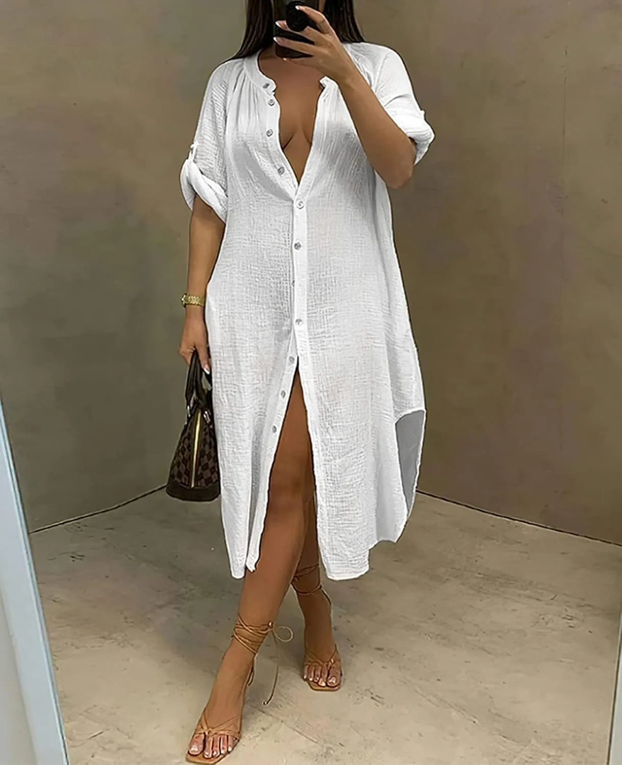 Womens Summer Button Down Rolled-Up Sleeve Loose Casual Side Split Shirt Dresses Swimsuit Cover Ups