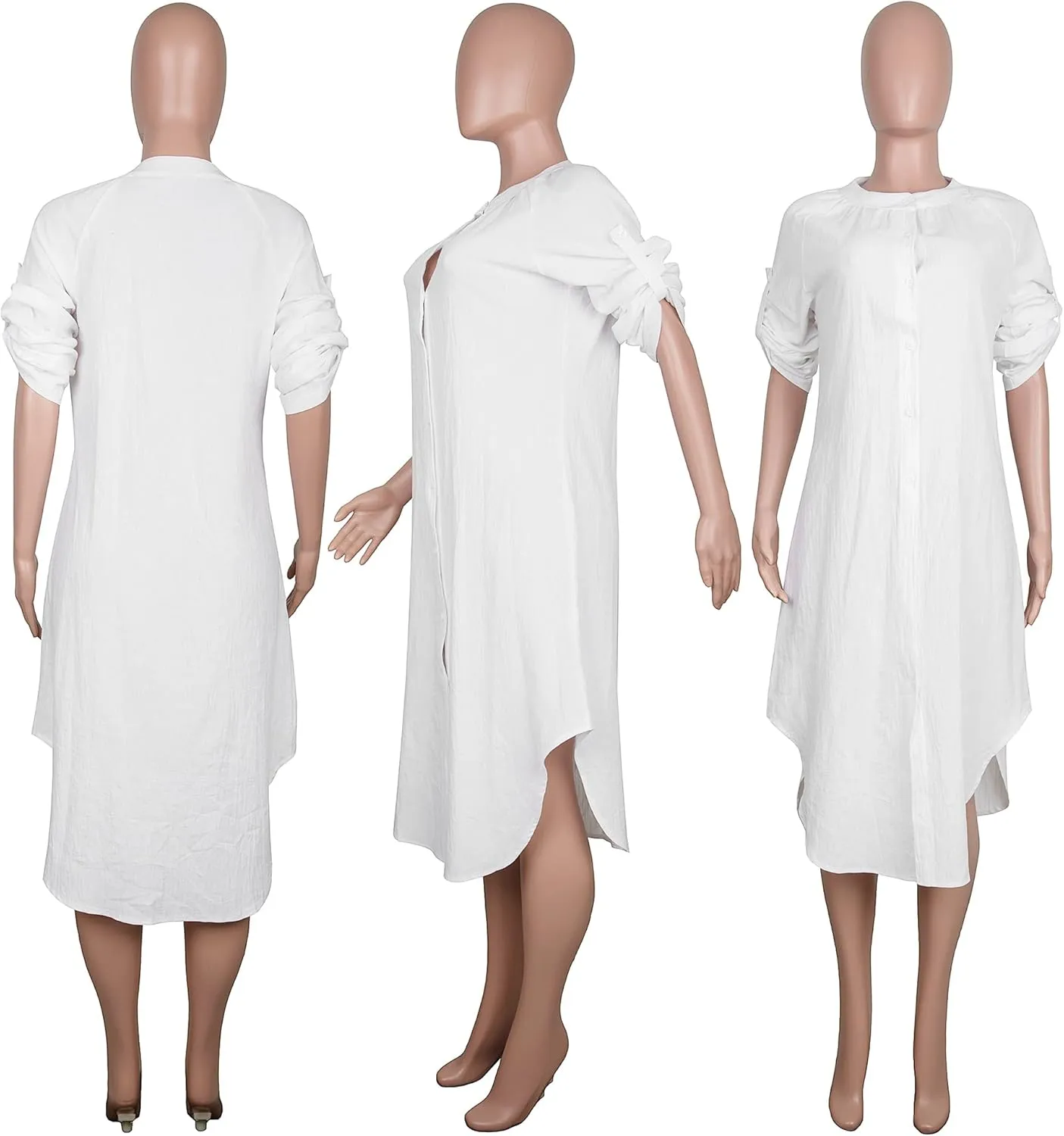 Womens Summer Button Down Rolled-Up Sleeve Loose Casual Side Split Shirt Dresses Swimsuit Cover Ups