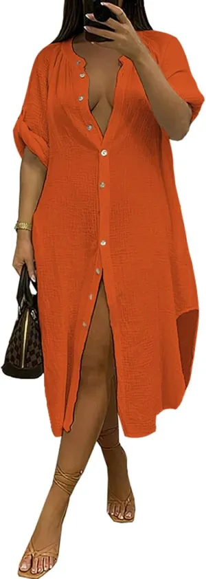 Womens Summer Button Down Rolled-Up Sleeve Loose Casual Side Split Shirt Dresses Swimsuit Cover Ups
