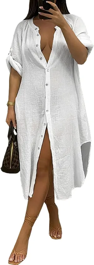 Womens Summer Button Down Rolled-Up Sleeve Loose Casual Side Split Shirt Dresses Swimsuit Cover Ups