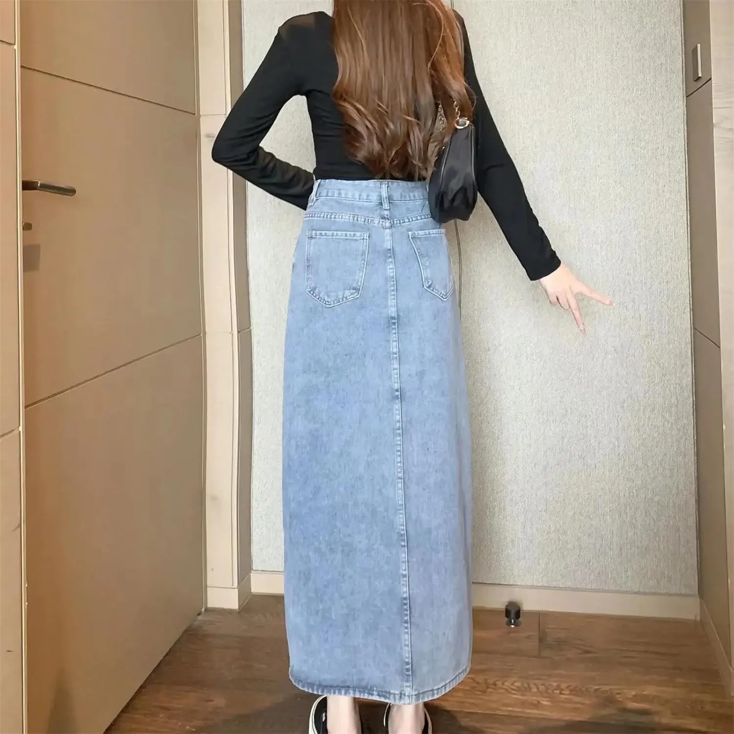 Women's Summer Denim Skirt  Casual Medium-Length High-Waisted Slimming Side Slit Versatile A-Line Long Dress