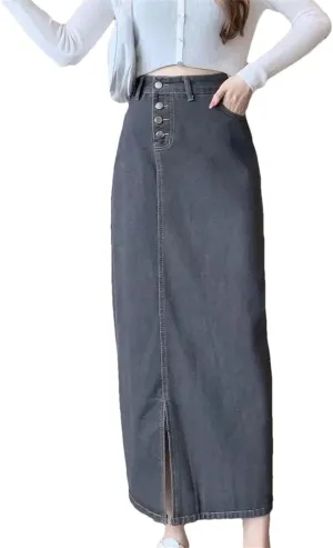 Women's Summer Denim Skirt  Casual Medium-Length High-Waisted Slimming Side Slit Versatile A-Line Long Dress