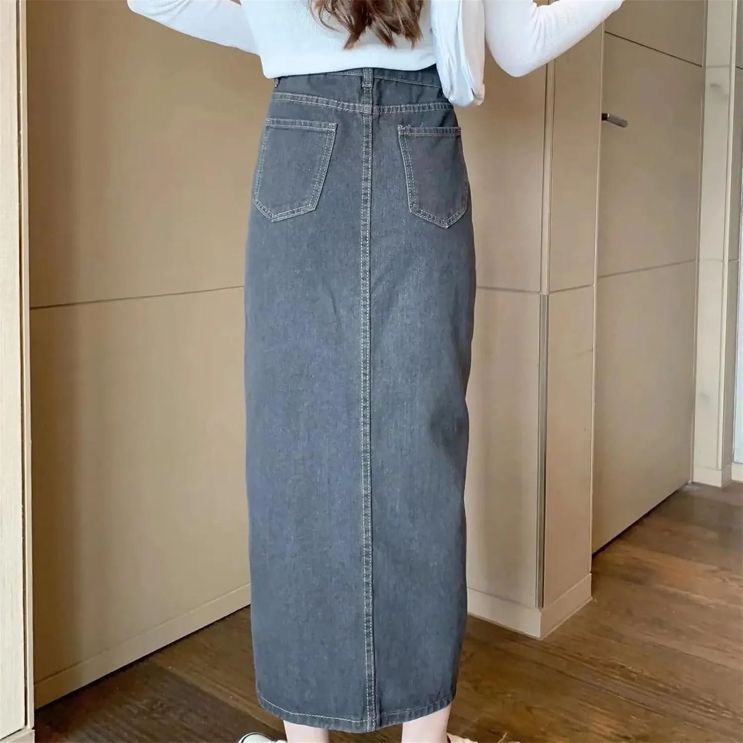 Women's Summer Denim Skirt  Casual Medium-Length High-Waisted Slimming Side Slit Versatile A-Line Long Dress