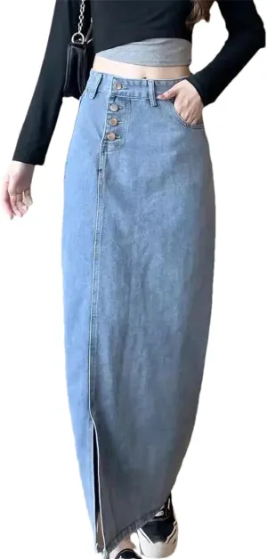 Women's Summer Denim Skirt  Casual Medium-Length High-Waisted Slimming Side Slit Versatile A-Line Long Dress
