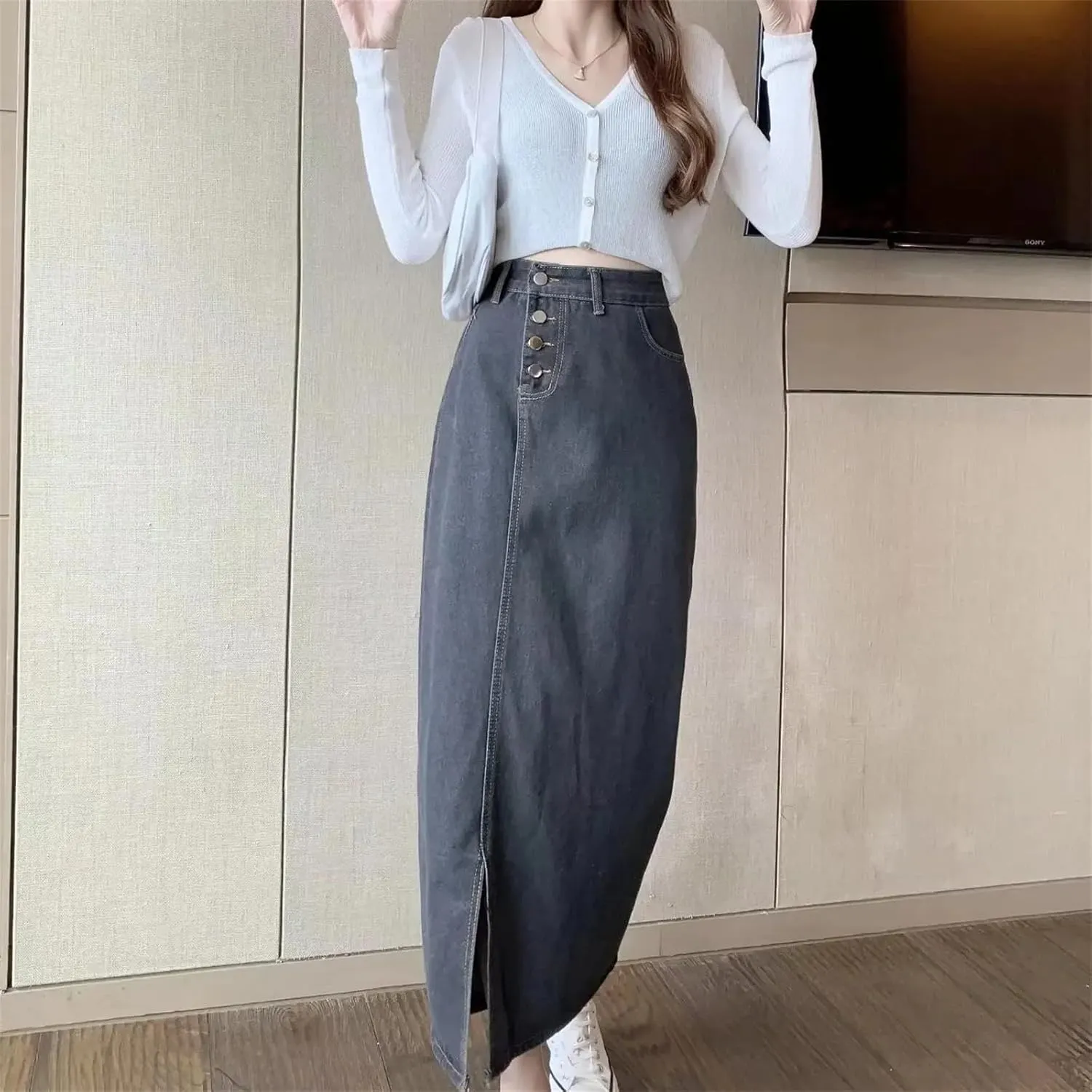 Women's Summer Denim Skirt  Casual Medium-Length High-Waisted Slimming Side Slit Versatile A-Line Long Dress