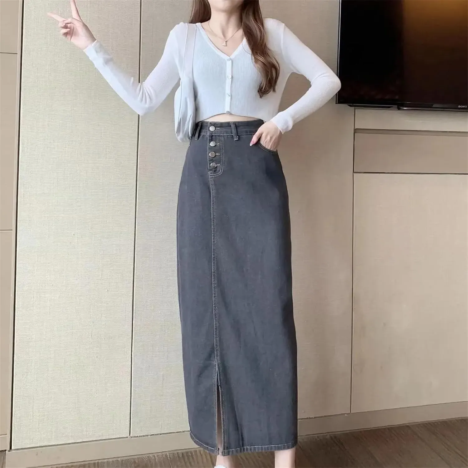 Women's Summer Denim Skirt  Casual Medium-Length High-Waisted Slimming Side Slit Versatile A-Line Long Dress