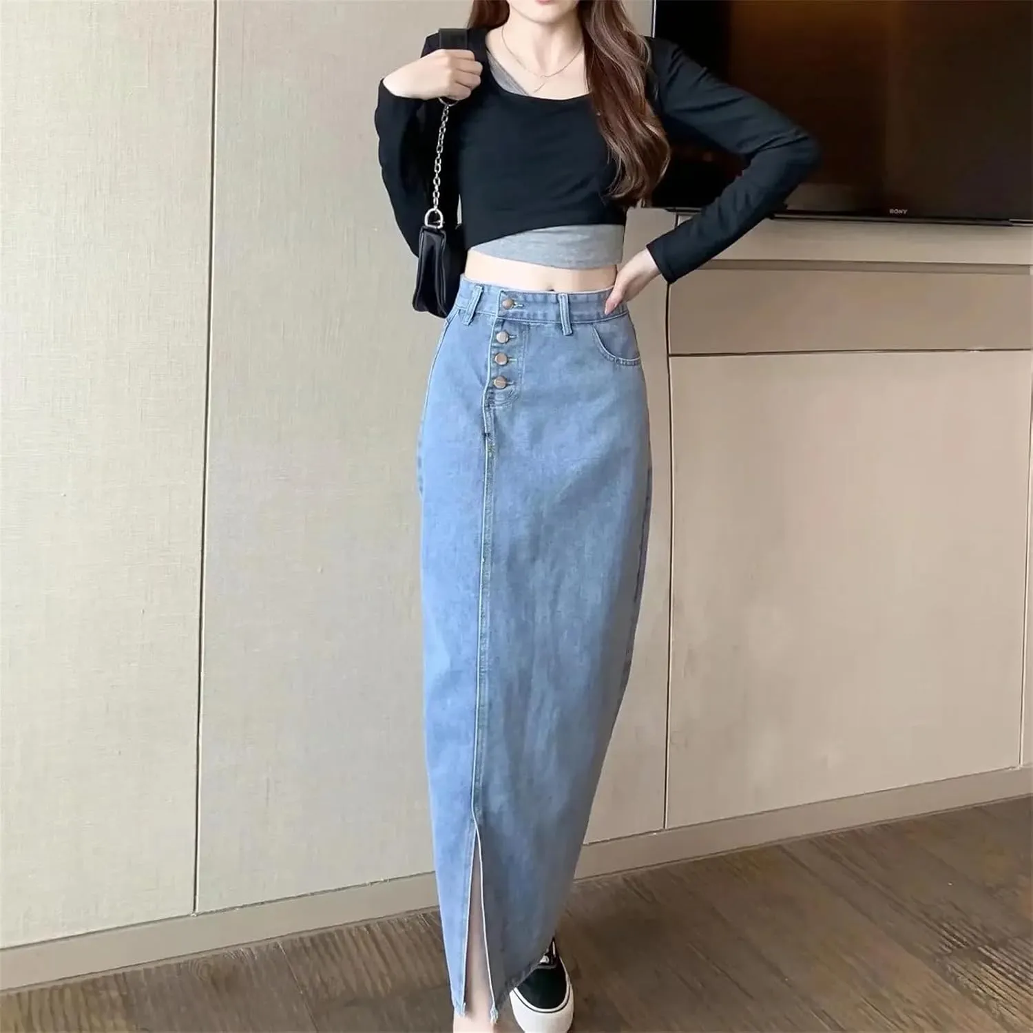 Women's Summer Denim Skirt  Casual Medium-Length High-Waisted Slimming Side Slit Versatile A-Line Long Dress