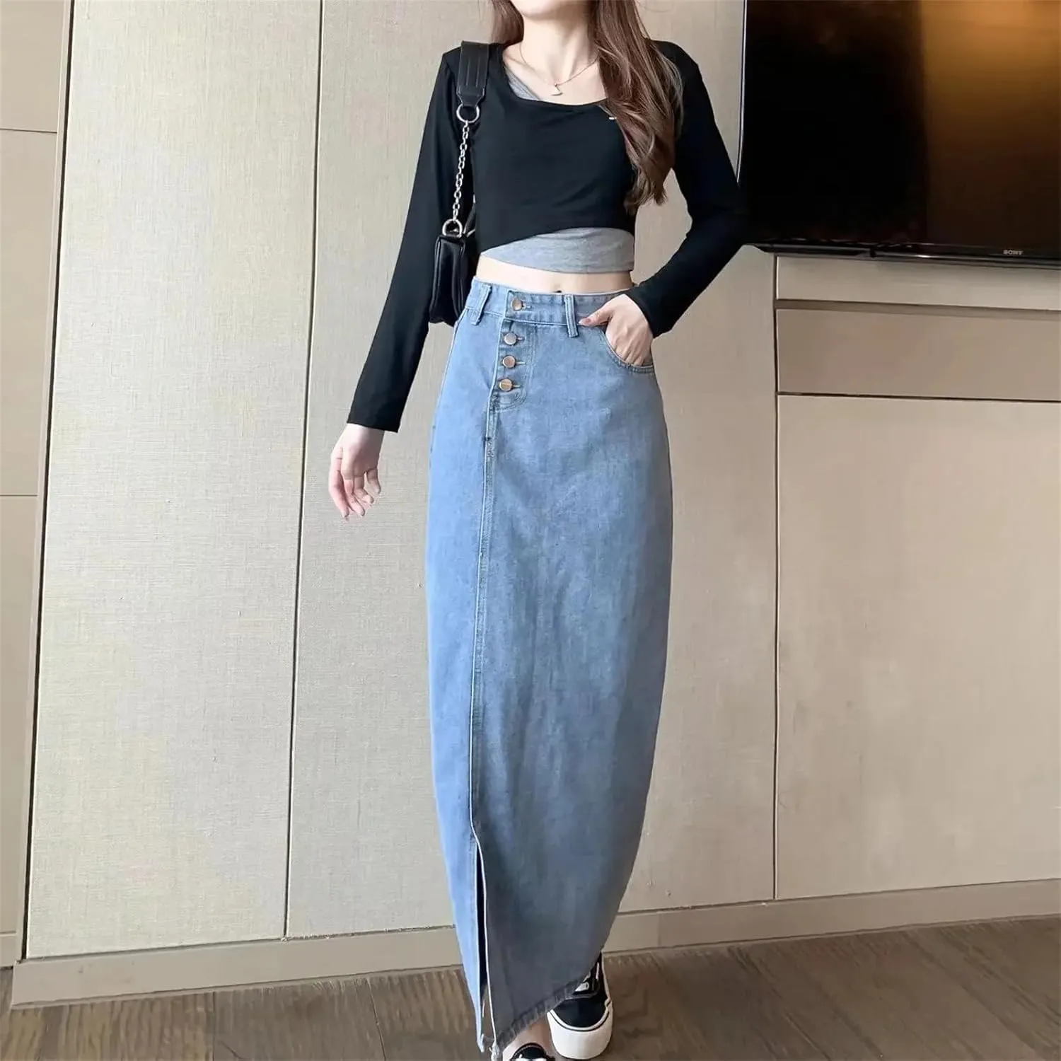 Women's Summer Denim Skirt  Casual Medium-Length High-Waisted Slimming Side Slit Versatile A-Line Long Dress