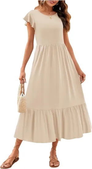 Women's Summer Dress Crew Neck Short Sleeve Dresses Casual Midi Dresses Smocked Elastic Waist Tiered A-Line Dress