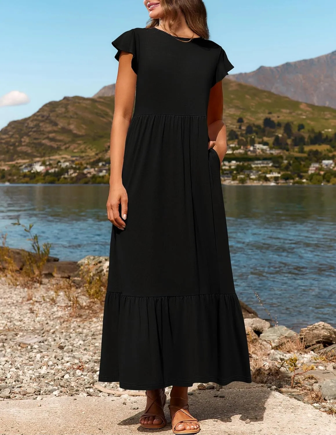Women's Summer Dress Crew Neck Short Sleeve Dresses Casual Midi Dresses Smocked Elastic Waist Tiered A-Line Dress