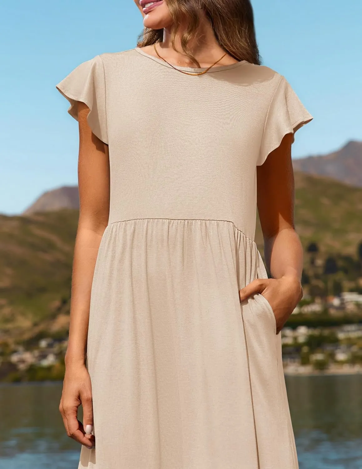 Women's Summer Dress Crew Neck Short Sleeve Dresses Casual Midi Dresses Smocked Elastic Waist Tiered A-Line Dress