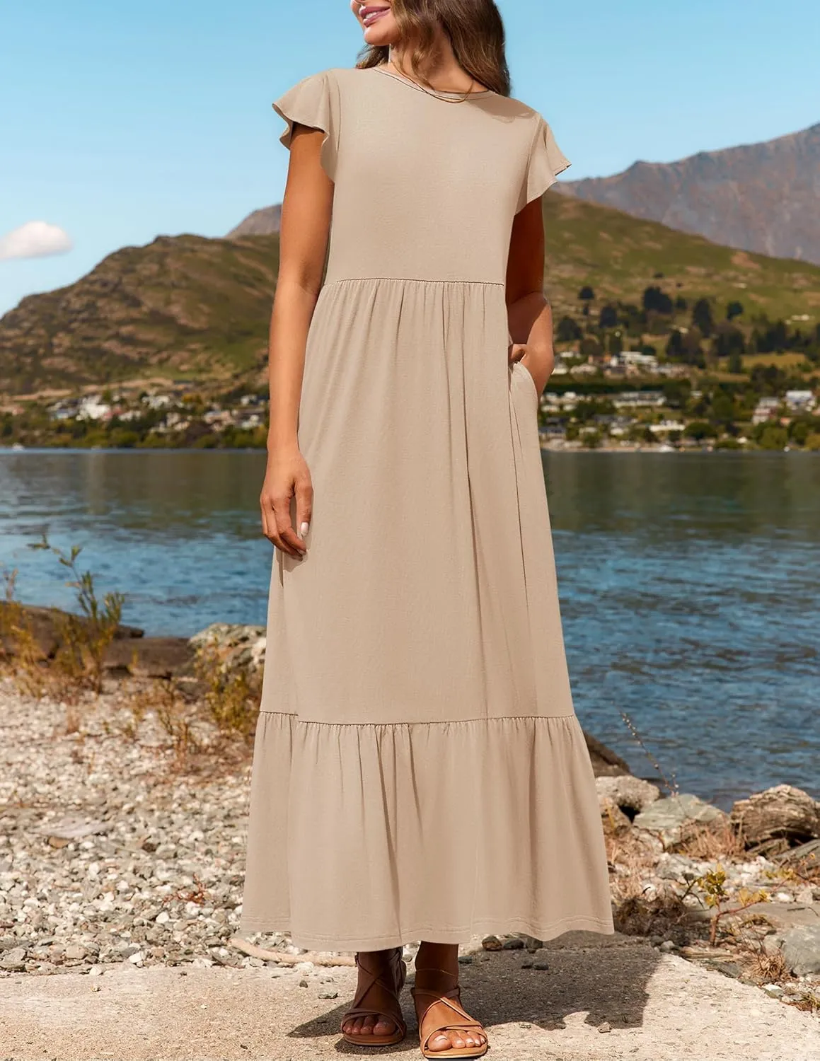 Women's Summer Dress Crew Neck Short Sleeve Dresses Casual Midi Dresses Smocked Elastic Waist Tiered A-Line Dress