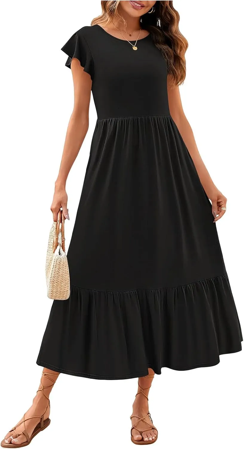 Women's Summer Dress Crew Neck Short Sleeve Dresses Casual Midi Dresses Smocked Elastic Waist Tiered A-Line Dress
