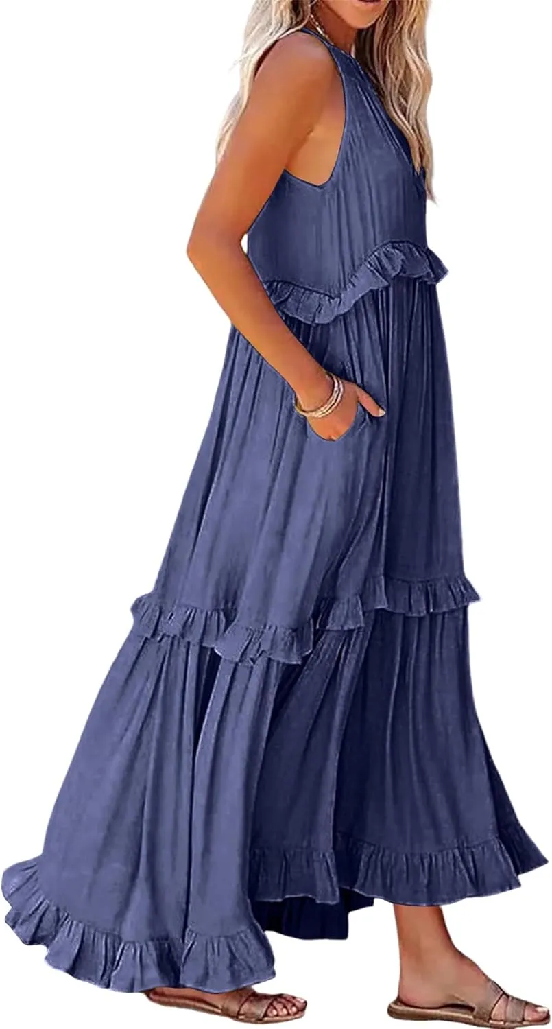 Women's Summer Maxi Dress Casual Boho Sleeveless Spaghetti Strap Smocked Tiered Long Beach Sexly Loose Sun Dresses
