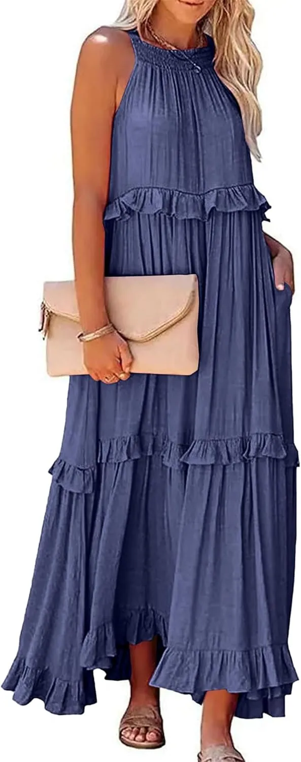 Women's Summer Maxi Dress Casual Boho Sleeveless Spaghetti Strap Smocked Tiered Long Beach Sexly Loose Sun Dresses