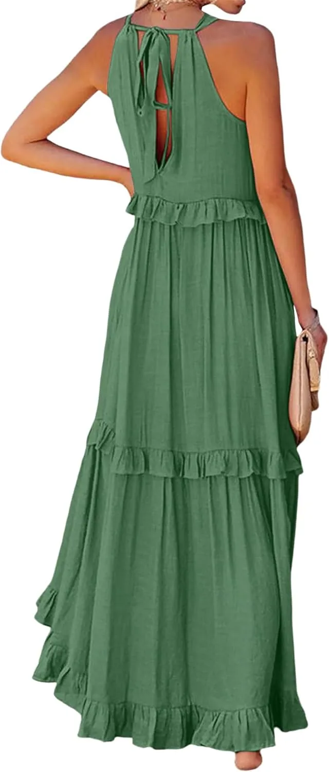 Women's Summer Maxi Dress Casual Boho Sleeveless Spaghetti Strap Smocked Tiered Long Beach Sexly Loose Sun Dresses