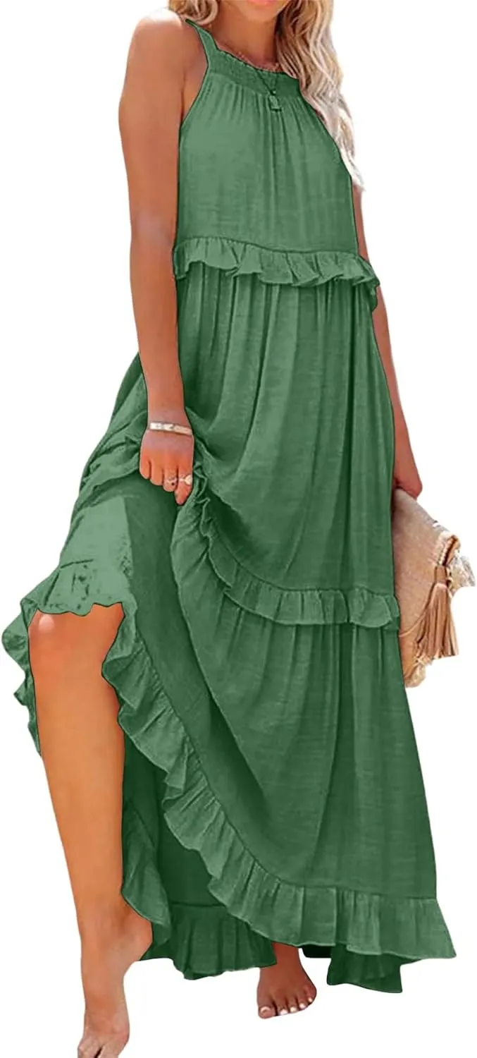 Women's Summer Maxi Dress Casual Boho Sleeveless Spaghetti Strap Smocked Tiered Long Beach Sexly Loose Sun Dresses