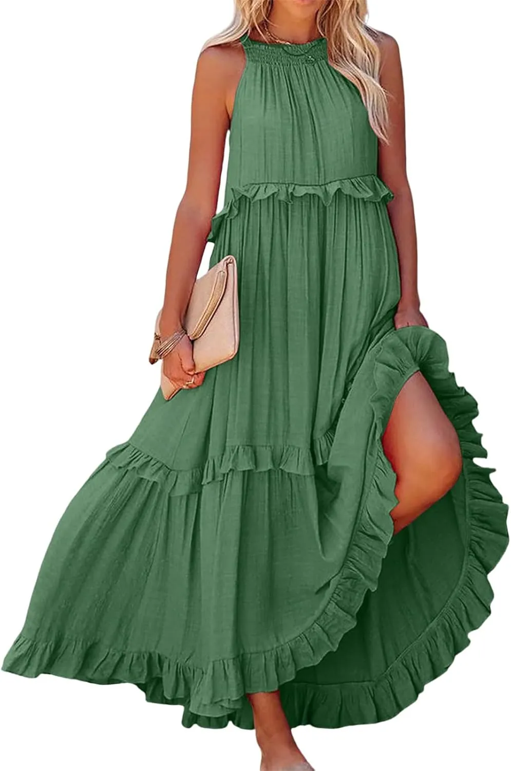 Women's Summer Maxi Dress Casual Boho Sleeveless Spaghetti Strap Smocked Tiered Long Beach Sexly Loose Sun Dresses