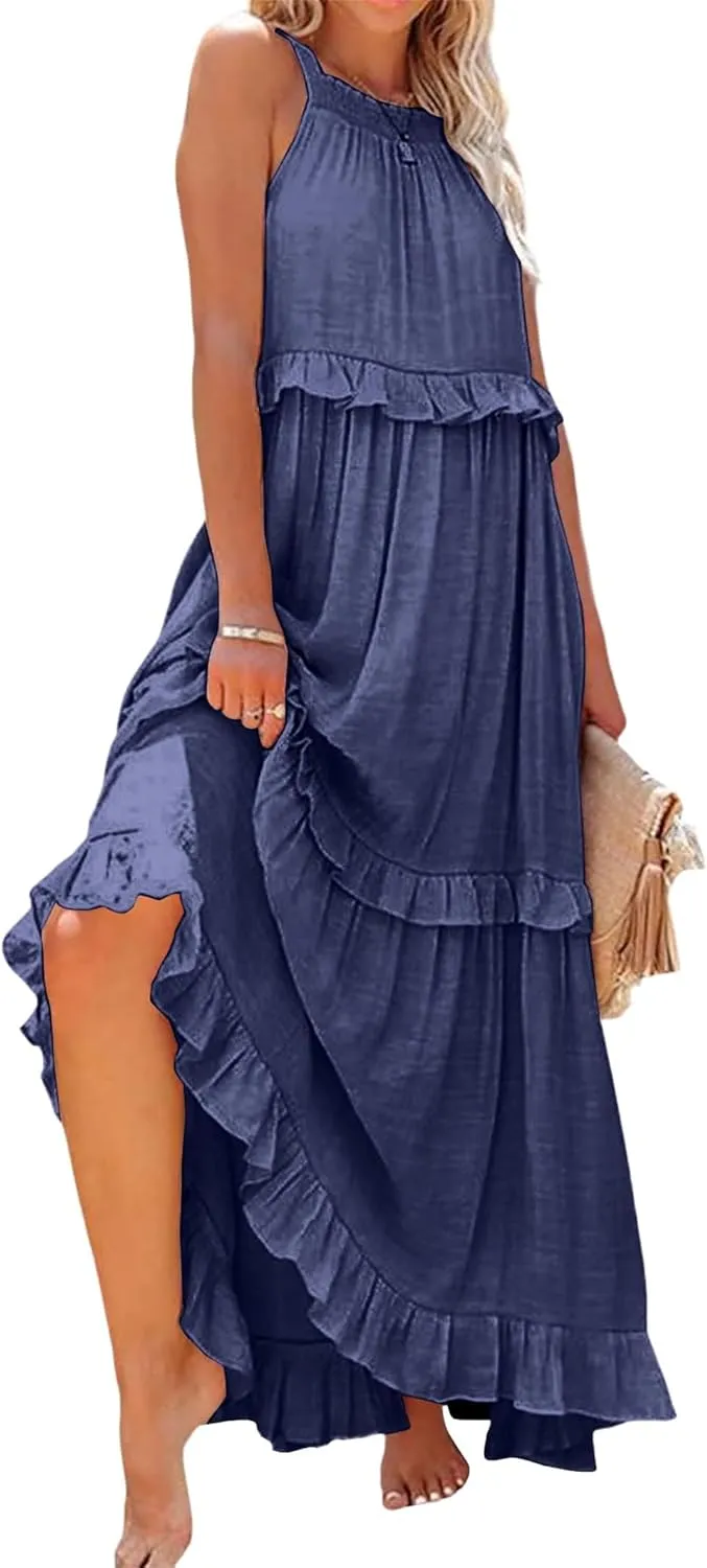 Women's Summer Maxi Dress Casual Boho Sleeveless Spaghetti Strap Smocked Tiered Long Beach Sexly Loose Sun Dresses