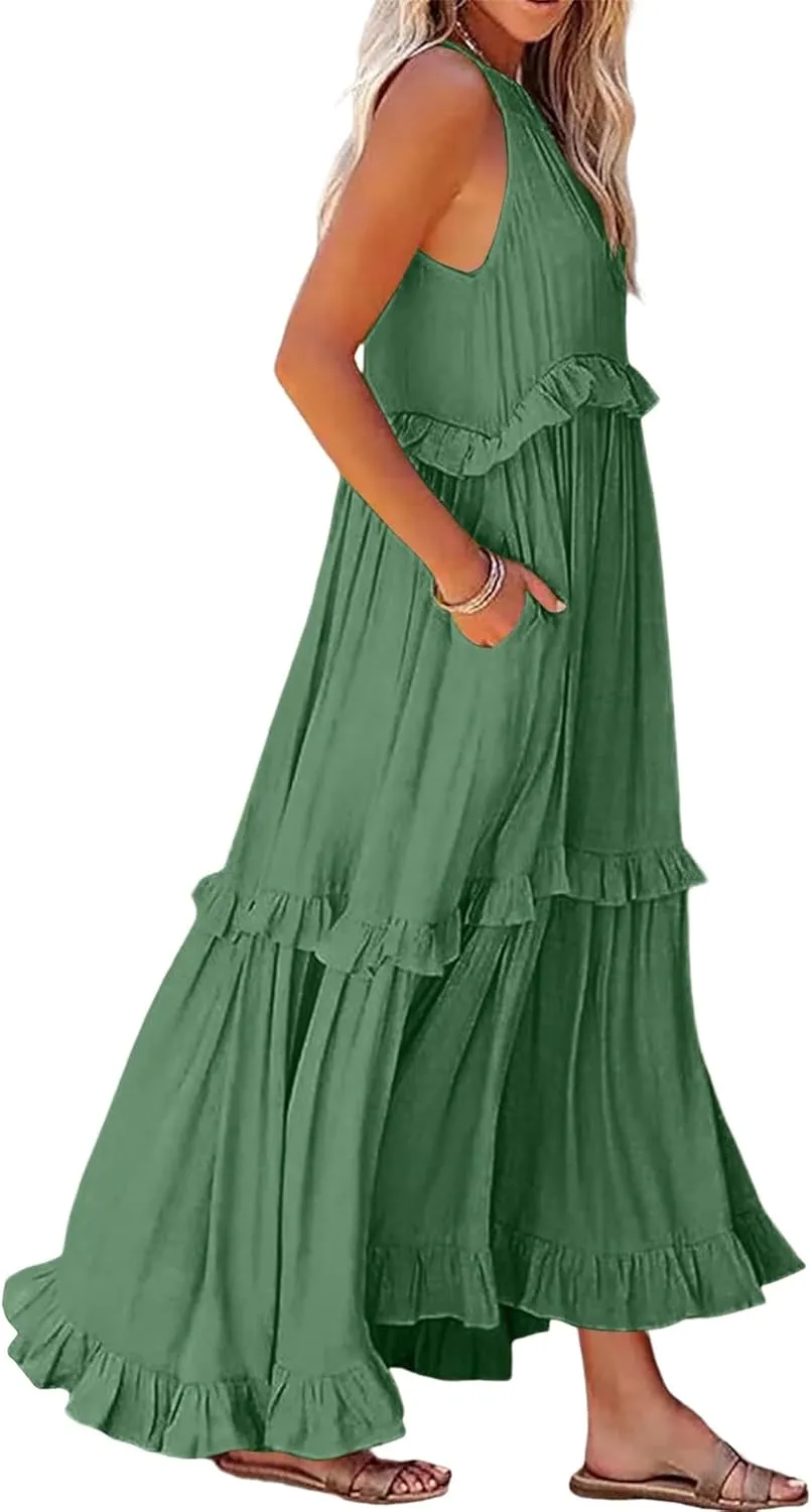 Women's Summer Maxi Dress Casual Boho Sleeveless Spaghetti Strap Smocked Tiered Long Beach Sexly Loose Sun Dresses