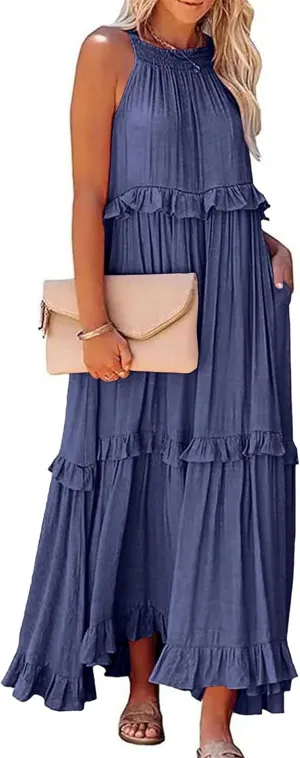 Women's Summer Maxi Dress Casual Boho Sleeveless Spaghetti Strap Smocked Tiered Long Beach Sexly Loose Sun Dresses
