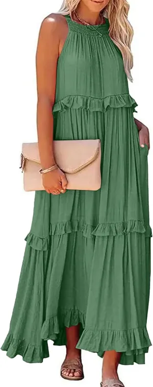 Women's Summer Maxi Dress Casual Boho Sleeveless Spaghetti Strap Smocked Tiered Long Beach Sexly Loose Sun Dresses