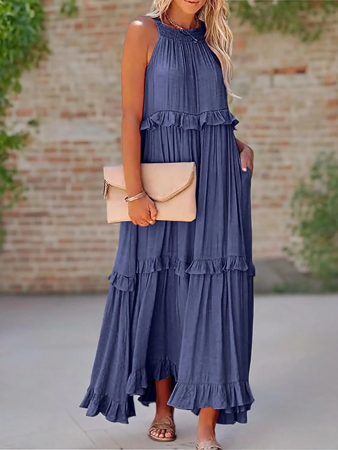 Women's Summer Maxi Dress Casual Boho Sleeveless Spaghetti Strap Smocked Tiered Long Beach Sexly Loose Sun Dresses
