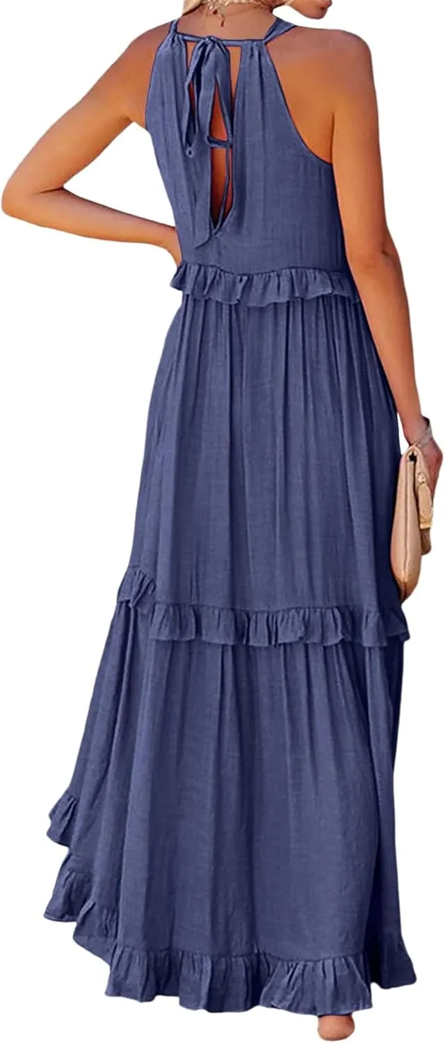 Women's Summer Maxi Dress Casual Boho Sleeveless Spaghetti Strap Smocked Tiered Long Beach Sexly Loose Sun Dresses