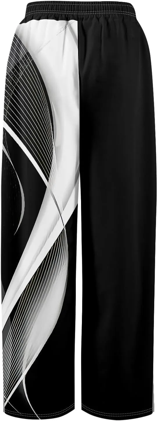 Women's Summer Palazzo Flowy Pants Boho Printing Drawstring High Waisted Wide Leg Beach Trousers with Pockets
